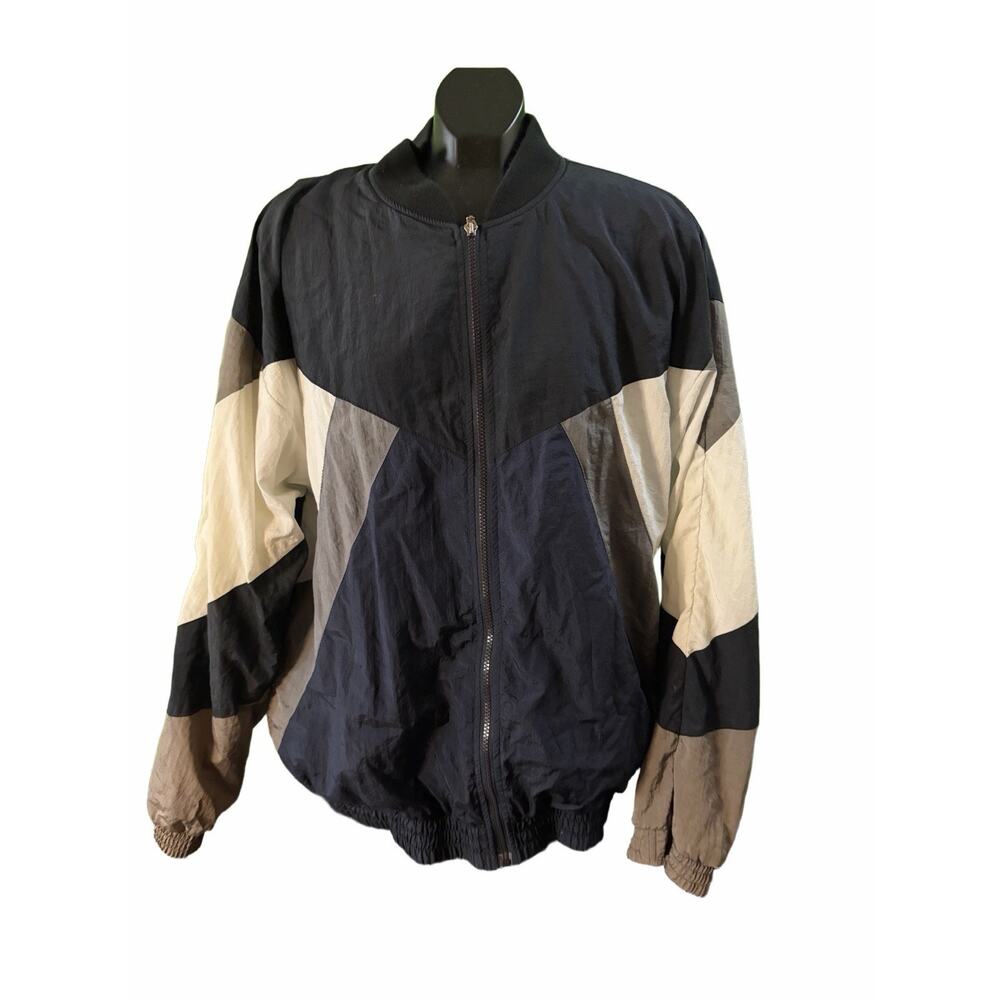 Vintage R&Y Sport Windbreaker Jacket Men’s Large Black Colorblock Nylon Full Zip